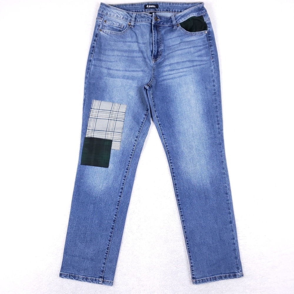 d.jeans Plaid Patchwork Straight‎ Leg Jeans 14 Blue